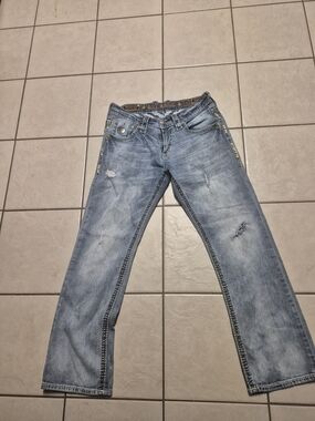 Rock Revival Destroyed Acid Wash "PENN"  Relaxed Straight 33x30
